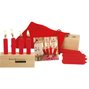 Adventsschein-Säckchen , rot, Samt, Holz, Kerzenwachs, Papier, 12,00cm x 4,00cm x 20,00cm (Länge x Höhe x Breite)