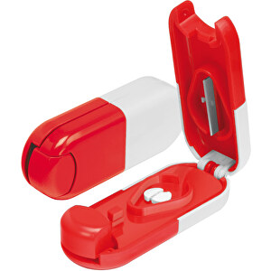 Pillendose Tablettenform , weiß, rot, ABS+MET, 8,50cm x 1,90cm x 3,20cm (Länge x Höhe x Breite)