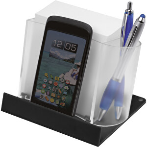 Smartphone-/Tabletständer Mit Zettelbox , gefrostet glasklar, schwarz, PS+PAP, 12,50cm x 9,00cm x 10,50cm (Länge x Höhe x Breite)