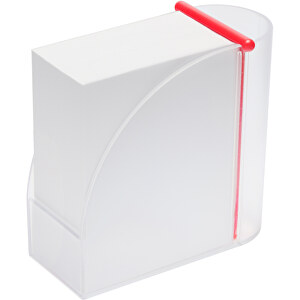 Designer-Zettelbox Mit Integriertem Köcher , gefrostet glasklar, rot, PS+PAP, 1,07cm x 1,04cm x 0,54cm (Länge x Höhe x Breite)