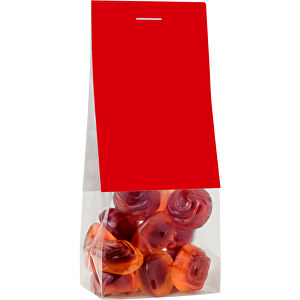 Naschbeutel Fruchtgummi Rosen , Folientüte mit Kartonagenreiterr, 3,50cm x 12,50cm x 5,50cm (Länge x Höhe x Breite)