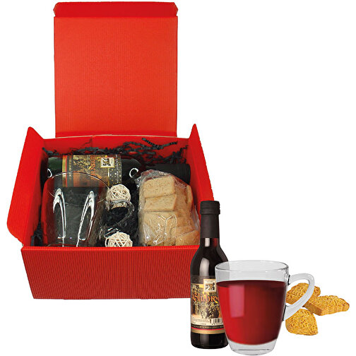 Kleines Glühwein-Set , rot, Pappe, Papier, Folie, Glas, Rattan, Gebäck, Glühwein, 20,00cm x 10,00cm x 20,00cm (Länge x Höhe x Breite), Bild 1