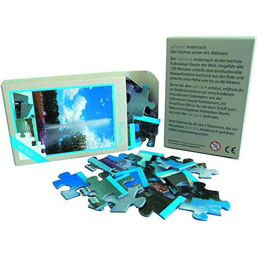 Puzzle DIN A5  In Faltschachtel , 1,5 mm blaue Puzzlepappe einseitig kaschiert mit 150 g/qm Offsetpapier (glatt), 11,00cm x 3,20cm x 7,70cm (Länge x Höhe x Breite), Bild 1