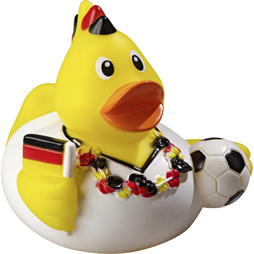 Quietsche-Ente Fußballfan , schwarz/rot/gelb, Material: PVC, 8,00cm x 7,50cm x 8,00cm (Länge x Höhe x Breite), Bild 1
