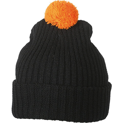 Knitted Cap With Pompon , Myrtle Beach, schwarz/orange, 100% Polyacryl, one size, , Bild 1