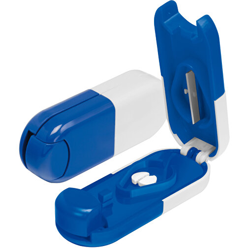 Pillendose Tablettenform , weiß, blau, ABS+MET, 8,50cm x 1,90cm x 3,20cm (Länge x Höhe x Breite), Bild 1