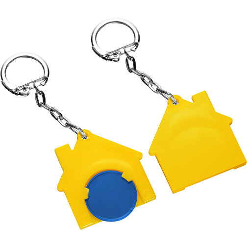 Chiphalter Mit 1€-Chip 'Haus' , blau, gelb, ABS+MET, 4,40cm x 0,40cm x 4,10cm (Länge x Höhe x Breite), Bild 1