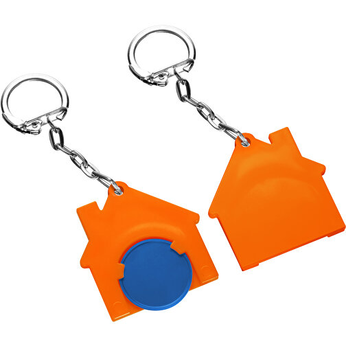 Chiphalter Mit 1€-Chip 'Haus' , blau, orange, ABS+MET, 4,40cm x 0,40cm x 4,10cm (Länge x Höhe x Breite), Bild 1