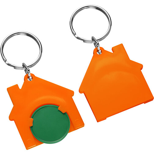 Chiphalter Mit 1€-Chip 'Haus' , grün, orange, ABS+MET, 4,40cm x 0,40cm x 4,10cm (Länge x Höhe x Breite), Bild 1