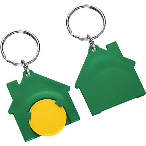 Chiphalter Mit 1€-Chip 'Haus' , gelb, grün, ABS+MET, 4,40cm x 0,40cm x 4,10cm (Länge x Höhe x Breite), Bild 1