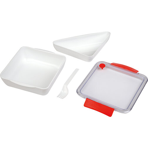 Lunchbox DELICIOUS , rot, weiß, Kunststoff / Silikon, 18,80cm x 6,40cm x 19,50cm (Länge x Höhe x Breite), Bild 2