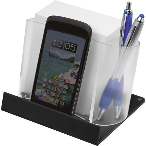 Smartphone-/Tabletständer Mit Zettelbox , gefrostet glasklar, schwarz, PS+PAP, 12,50cm x 9,00cm x 10,50cm (Länge x Höhe x Breite), Bild 1