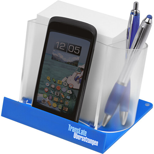 Smartphone-/Tabletständer Mit Zettelbox , gefrostet glasklar, blau, PS+PAP, 12,50cm x 9,00cm x 10,50cm (Länge x Höhe x Breite), Bild 2