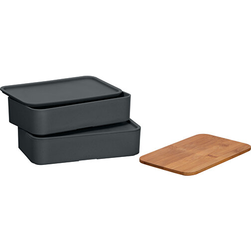Ökologische Doppel-Lunchbox Mit Bambus-Schneidebrett Und Besteck , grau, Bambus, 100% PP, 18,00cm x 9,20cm x 10,50cm (Länge x Höhe x Breite), Bild 6