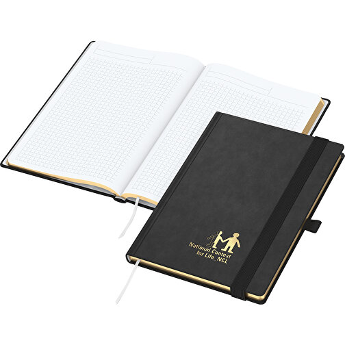 Notizbuch Gold-Book Bestseller A5 Inkl. Goldprägung , tiefschwarz, gold, Hochweisses Schreibpapier 90 g/m², 21,00cm x 14,80cm (Länge x Breite), Bild 1