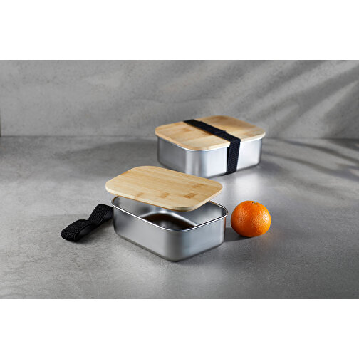 Lunchbox 1000 Ml Aus Edelstahl Mit Bambus-Deckel , silber, Edelstahl S304, Bambusfaser, 16,70cm x 6,20cm x 12,80cm (Länge x Höhe x Breite), Bild 3