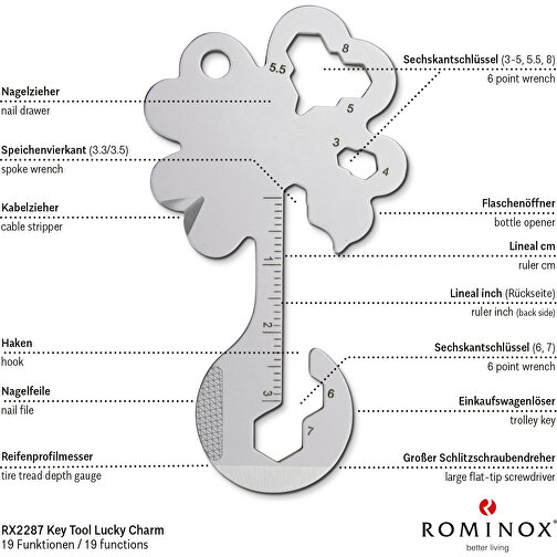 ROMINOX® Key Tool // Lucky Charm - 19 Functions (Kleeblatt Glücksbringer) , Edelstahl, 7,00cm x 0,20cm x 4,00cm (Länge x Höhe x Breite), Bild 8
