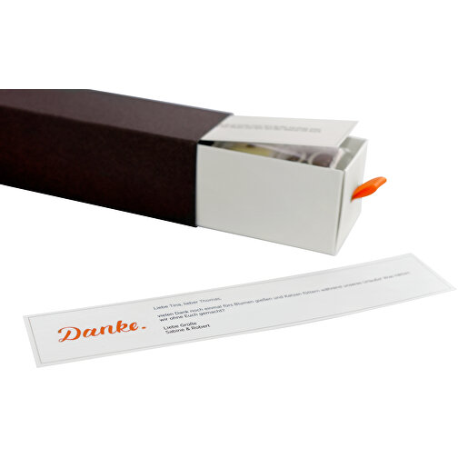 Dankebox 'Handgemachte Pralinen' , braun, Papier, Pappe, Satin, 21,50cm x 5,50cm x 5,50cm (Länge x Höhe x Breite), Bild 4