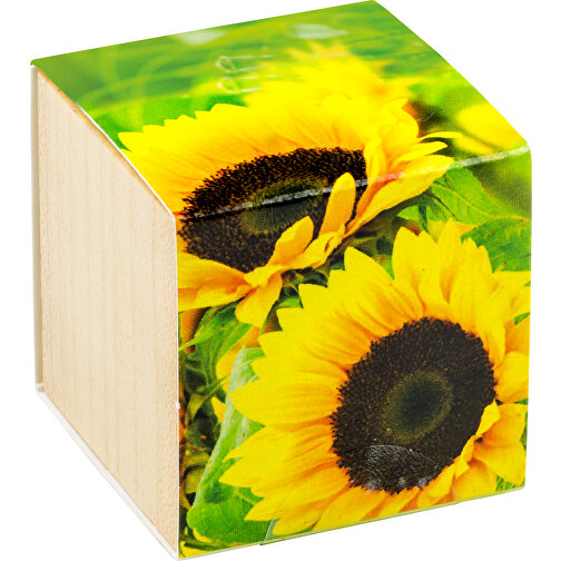 Pflanz-Holz - Standardmotiv - Sonnenblume - 2 Seiten Gelasert , Papier, Holz, Erde, Saatgut, 4,00cm x 4,00cm x 4,00cm (Länge x Höhe x Breite), Bild 1