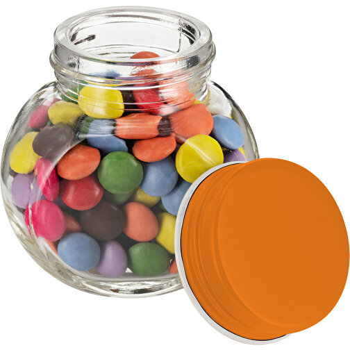 Bonbonglas Mini Gefüllt Schokocarletties , orange, Glas/Metall, 5,50cm x 5,30cm x 3,50cm (Länge x Höhe x Breite), Bild 2