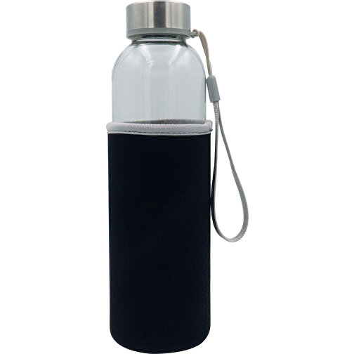 Trinkflasche Aus Glas Mit Neoprenhülle 500ml , transparent schwarz, Körper: Glas, Deckel: PP, 22,50cm (Höhe), Bild 1