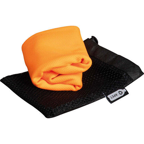 Kühlendes Handtuch Aus RPET-Material, 30x80cm , schwarz / orange, R-PET, 11,00cm x 14,50cm x 2,00cm (Länge x Höhe x Breite), Bild 2