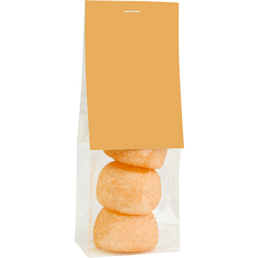 Naschbeutel Orange Speckbälle , Folientüte mit Kartonagenreiterr, 3,50cm x 14,50cm x 5,50cm (Länge x Höhe x Breite), Bild 1
