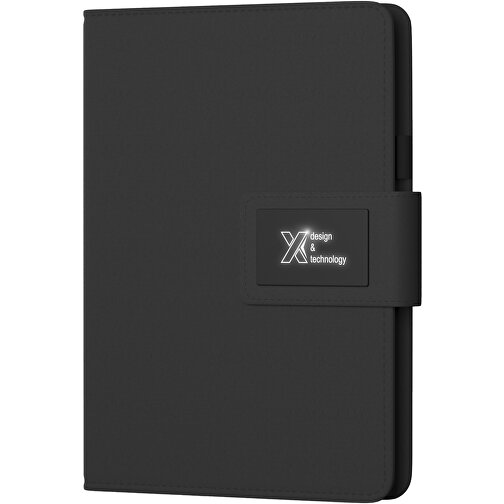 SCX.design O16 A5 Notizbuch Mit Powerbank Und Leuchtlogo , schwarz, PU beschichteter Karton, Recyceltes Papier, 16,50cm x 2,00cm x 23,50cm (Länge x Höhe x Breite), Bild 1