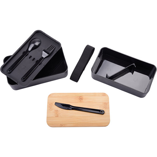 Lunchbox DOUBLE LEVEL , schwarz, Kunststoff / Bambus / Polyester, 18,00cm x 9,00cm x 10,00cm (Länge x Höhe x Breite), Bild 2