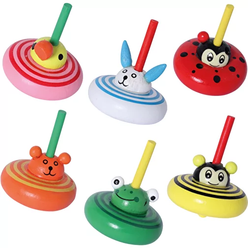 Set di trottole in legno con motivi di animali (6 pezzi), Immagine 1