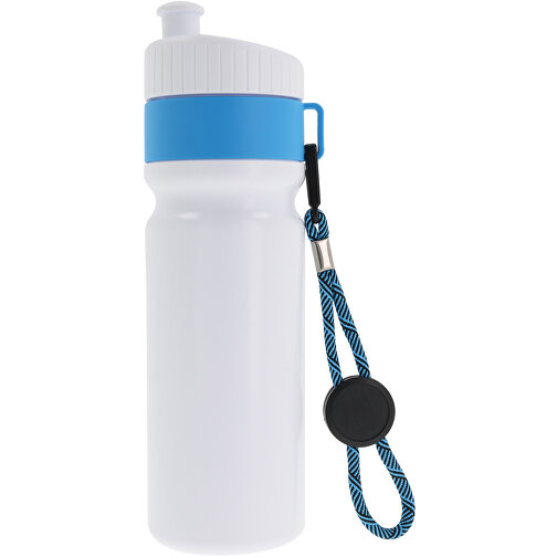 Sportflasche Mit Rand Und Kordel 750ml , weiß / hellblau, LDPE & PP, 25,00cm (Höhe), Bild 1