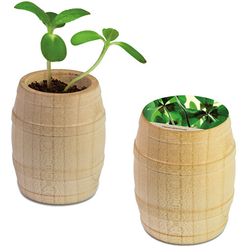 Mini-tonneau en bois avec graines - Bulbes de trèfle à 4 feuilles, gravure laser, Image 1