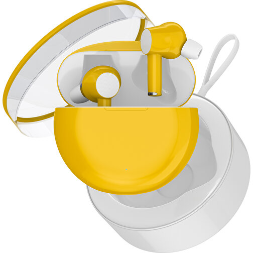 True-Wireless In-Ear Kopfhörer Truly , sonnengelb / weiß, Kunststoff, 6,00cm x 3,00cm x 6,00cm (Länge x Höhe x Breite), Bild 2