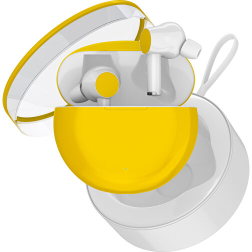 True-Wireless In-Ear Kopfhörer Truly , goldgelb / weiß, Kunststoff, 6,00cm x 3,00cm x 6,00cm (Länge x Höhe x Breite), Bild 2