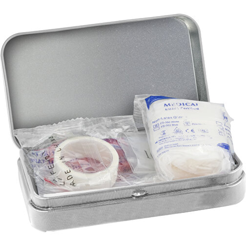 First Aid Box Compact, 27-teilig In Metalldose , grau, Gemischt, 11,80cm x 2,50cm x 7,00cm (Länge x Höhe x Breite), Bild 4