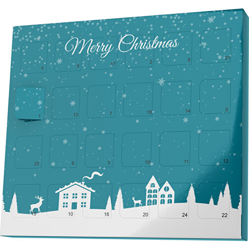 XS Adventskalender Weihnachtsdorf , Brandt, dunkeltürkis / weiss, Vollkartonhülle, weiss, 1,60cm x 12,00cm x 14,00cm (Länge x Höhe x Breite), Bild 1