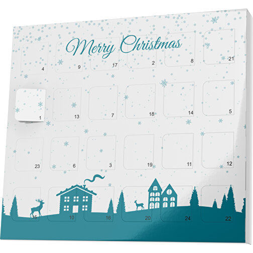 XS Adventskalender Weihnachtsdorf , Brandt, weiss / dunkeltürkis, Vollkartonhülle, weiss, 1,60cm x 12,00cm x 14,00cm (Länge x Höhe x Breite), Bild 1