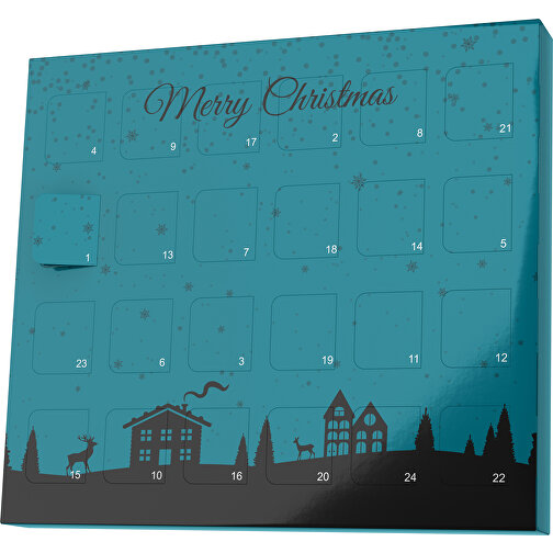 XS Adventskalender Weihnachtsdorf , Brandt, dunkeltürkis / schwarz, Vollkartonhülle, weiss, 1,60cm x 12,00cm x 14,00cm (Länge x Höhe x Breite), Bild 1