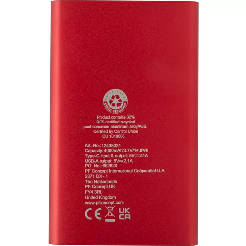 Pep powerbank o pojemności 4000 mAh Type-C z aluminium pochodzącego z recyklingu, Obraz 5