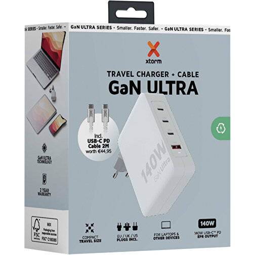 Xtorm XVC2140 GaN Ultra 140 W Reiseladegerät Mit 240 W USB-C PD-Kabel , weiss, Recycelter ABS Kunststoff, PC Kunststoff, 7,60cm x 9,60cm x 3,10cm (Länge x Höhe x Breite), Bild 3