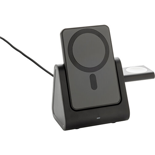 Powerbase 3-in-1-Charger Aus RCS Kunststoff Mit Powerbank, Schwarz , schwarz, PC - recycelt,ABS - recycelt, 8,50cm x 7,50cm x 6,10cm (Länge x Höhe x Breite), Bild 1