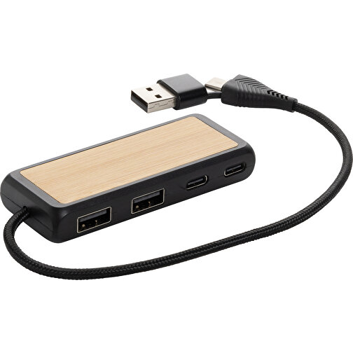 Link Dual Input USB Hub Aus RCS Rec. Kunststoff Und Bambus, Schwarz , schwarz, ABS - recycelt, 10,00cm x 1,30cm x 3,30cm (Länge x Höhe x Breite), Bild 1