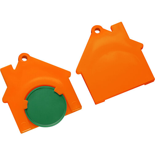 Chiphalter Mit 1€-Chip 'Haus' , grün, orange, ABS, 4,40cm x 0,40cm x 4,10cm (Länge x Höhe x Breite), Bild 1