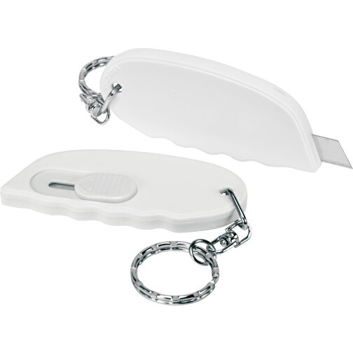 Cutter-Schlüsselanhänger , weiß, ABS+MET, 7,00cm x 0,80cm x 3,00cm (Länge x Höhe x Breite), Bild 1