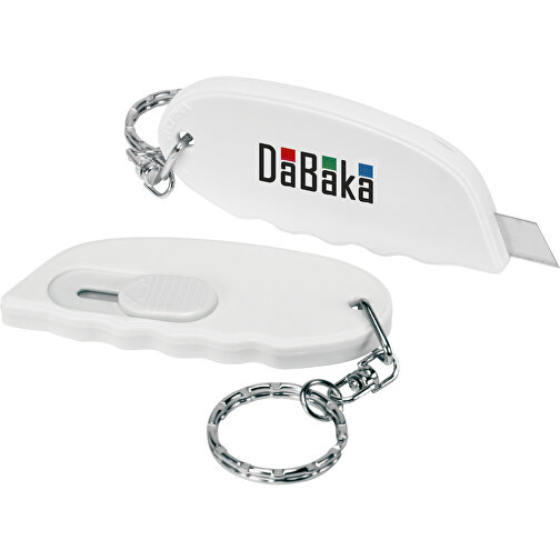 Cutter-Schlüsselanhänger , weiß, ABS+MET, 7,00cm x 0,80cm x 3,00cm (Länge x Höhe x Breite), Bild 2