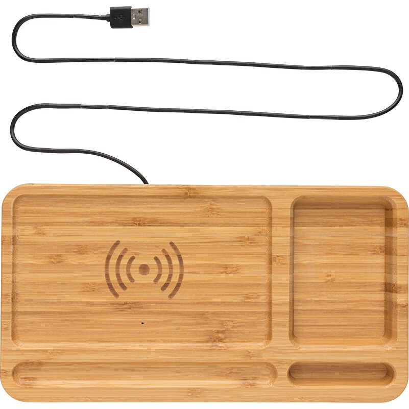 Organizer da scrivania con ricarica wireless Frame (legno, Legno di bambù,  330g) come gadget personalizzati su